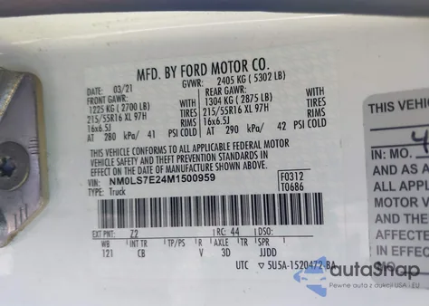 2021 Ford Transit Connect Xl Cargo Van z USA, uszkodzony, nr VIN NM0LS7E24M1500959